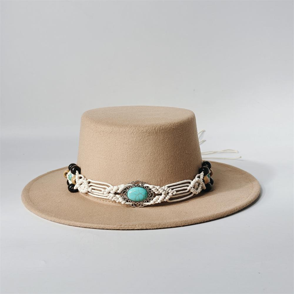 TurquoiseFedora Hat Women Men Autumn Winter Classic Felt Wide Brim Flat Top Jazz Panama Hat Casual Party Church Hat