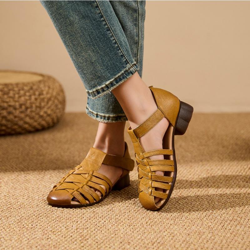 Genuine Leather Hollow Out Women Sandals Summer New Women's Flat Shoes Cow Tendon Soft Sole Comfortable Casual Mom Shoes