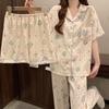 Women's Cloud Cotton Three-Piece Pajama Set - Spring/Summer Short-Sleeve Lapel Cardigan, Sweet Forest Girl Homewear Style