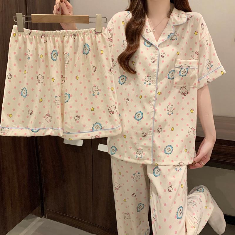 Women's Cloud Cotton Three-Piece Pajama Set - Spring/Summer Short-Sleeve Lapel Cardigan, Sweet Forest Girl Homewear Style