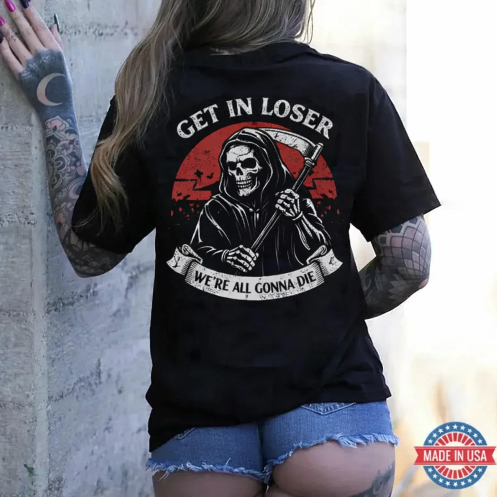 Grim Reaper Skull Graphic T-Shirt Gothic Dark Humor Unisex Casual Tee M