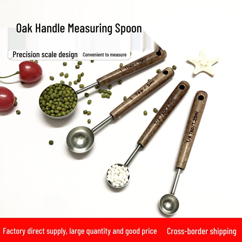 Multifunctional Oak-Handled Stainless Steel Measuring Spoon for Kitchen Baking