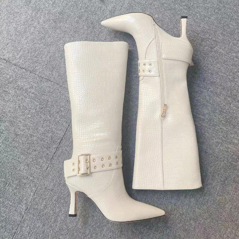 Fashion New Beige Belt Buckle Rivet Decoration Knee High Boots European American Fashion Women's Zipper High Heel Long Boots Size 36-41