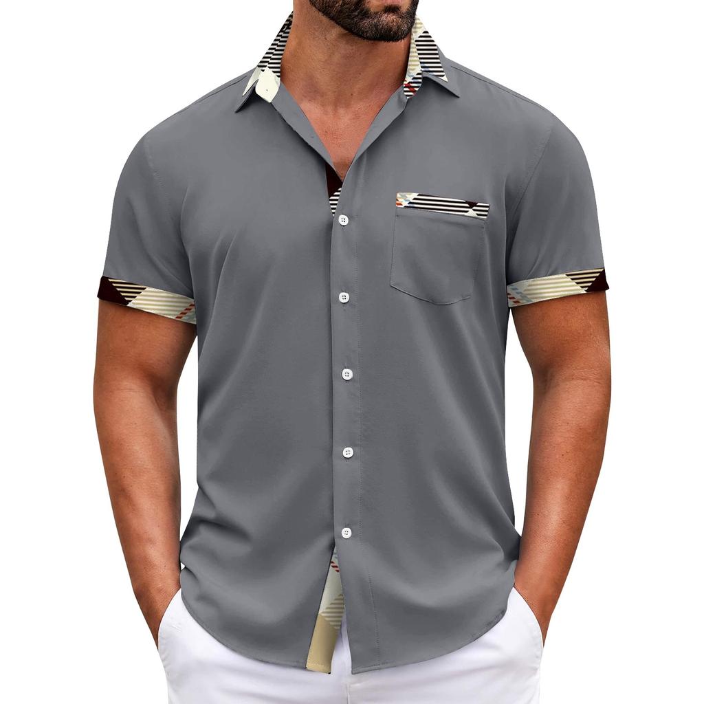 Pánské kostkované košile s krátkým rukávem s potištěným knoflíkem Pánská móda pro volný čas Košile s krátkým rukávem