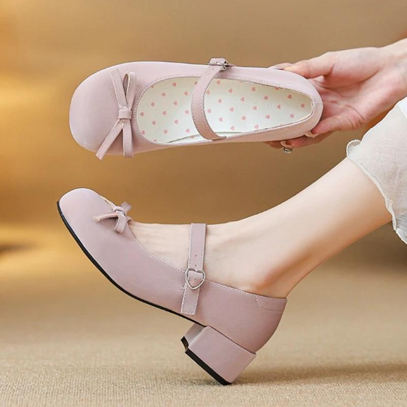 Fashion Cute Pink Butterfly-knot Mary Jane Shoes Women Fashion Heart Buckle Thick Designer Shoe Sweet Lolita Dress Shoe Zapatos De Mujer