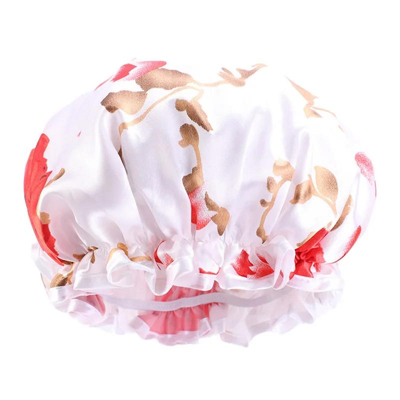 Large Lace Satin Anti-fume Cap PE Lined Waterproof Shower Cap Beauty Home Cap
