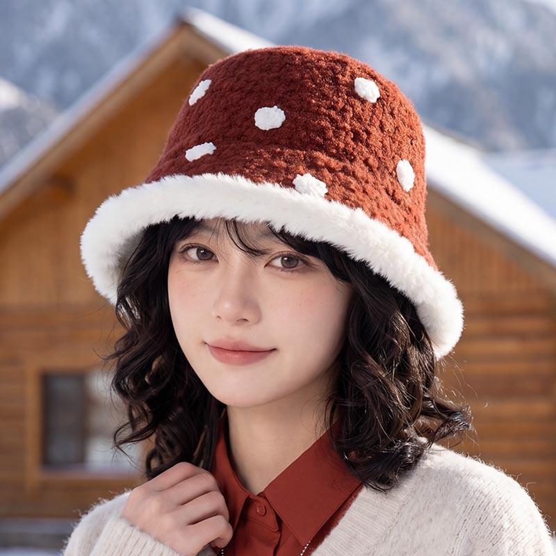 Polka Dot Plush Bucket Hat Women's Winter Thickened and Velvet Warm Basin Hat Cute Lamb Wool Snow Face Small Ear Hat