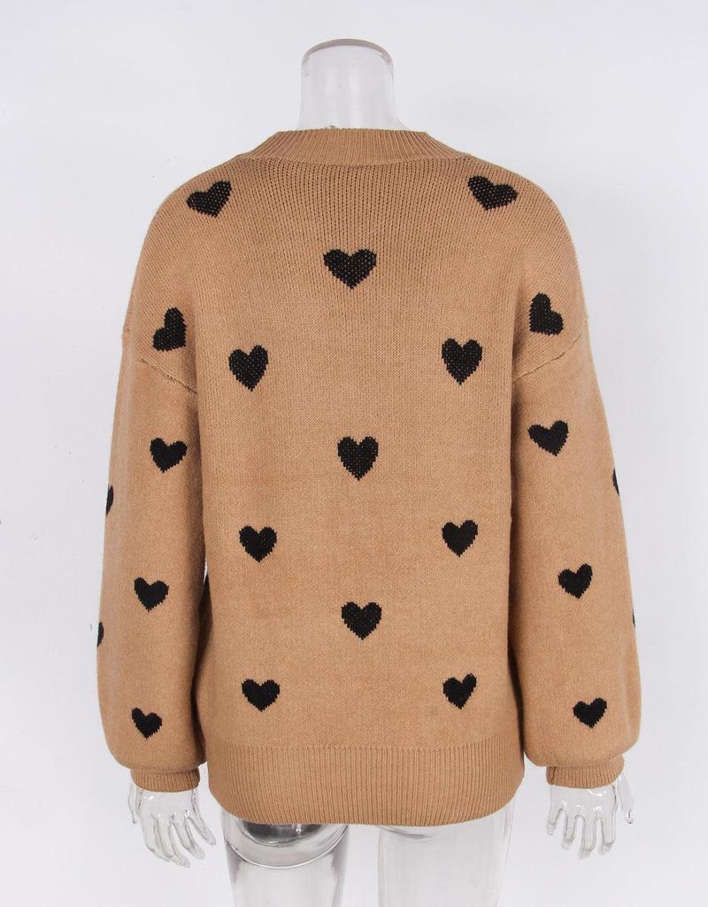 Heart Jacquard Round Neck Pullover Sweater for Women - Autumn/Winter Valentine's Day Style