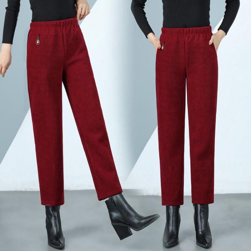 High-Waisted Corduroy Mom Pants with Velvet, Plus Size, for Middle-Aged & Elderly Women, Loose Straight-Leg Cropped Fit