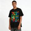 2026 New Year Color Block Letter Print Casual Loose Top For Men Women Pure Cotton T-shirt