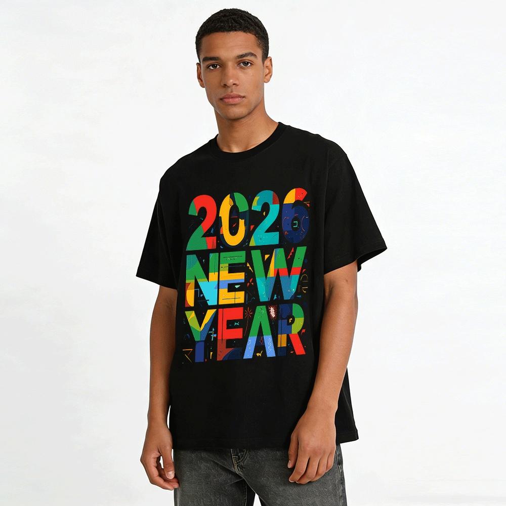 2026 New Year Color Block Letter Print Casual Loose Top For Men Women Pure Cotton T-shirt