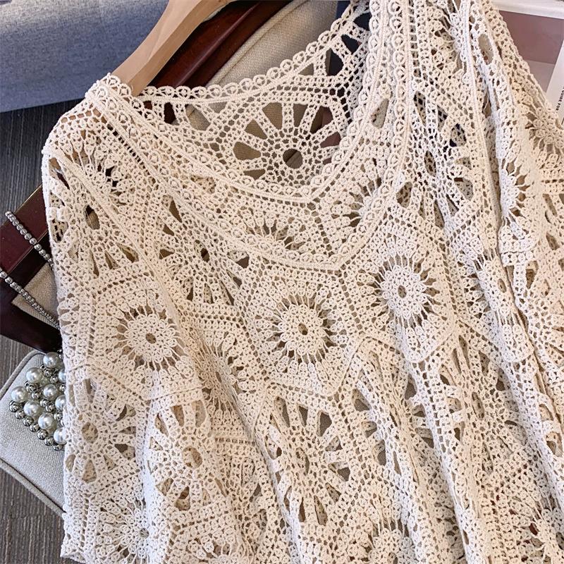 DIMANAF 2024 Neue Sommer Frauen Lange Gestrickte Kleid Ärmel Grundlegende Spitze Kleider Beiläufige