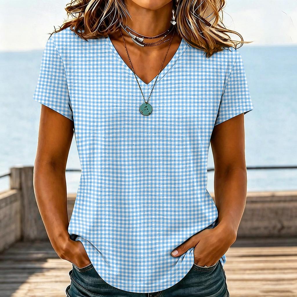 Women Casual V Neck T Shirt Plaid Checkered Printed Short Sleeve Blouse Lightweight Soft Fabric Top for Daily Wear