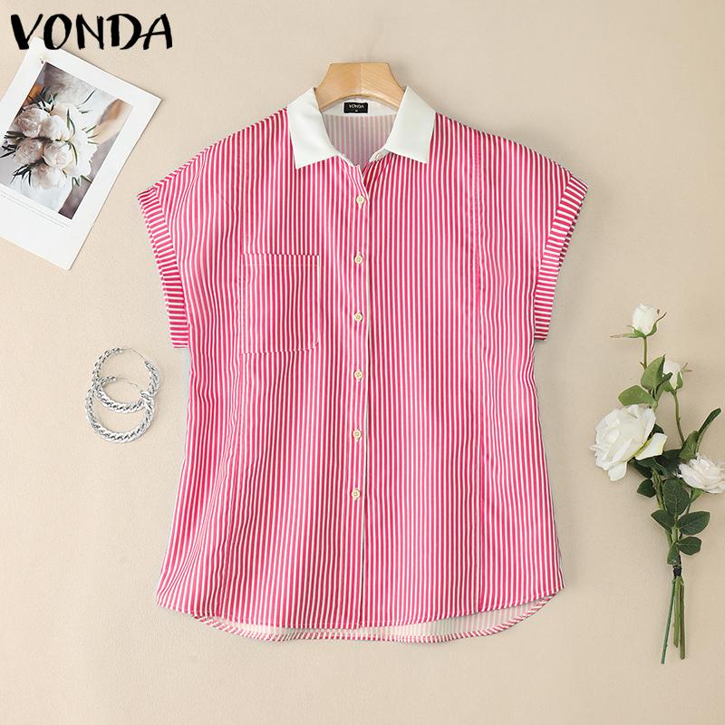 VONDA Women Stitching Lapel Short Sleeve Striped Buttons Up Casual Blouse