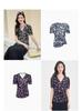 V-neck printed twisted waistband bubble sleeve T-shirt for women in 2026 summer, slim fit and stretchy commuting top