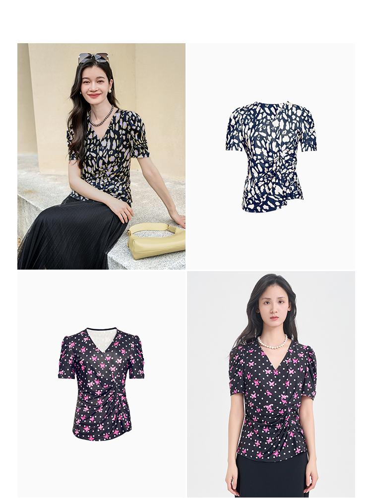 V-neck printed twisted waistband bubble sleeve T-shirt for women in 2026 summer, slim fit and stretchy commuting top