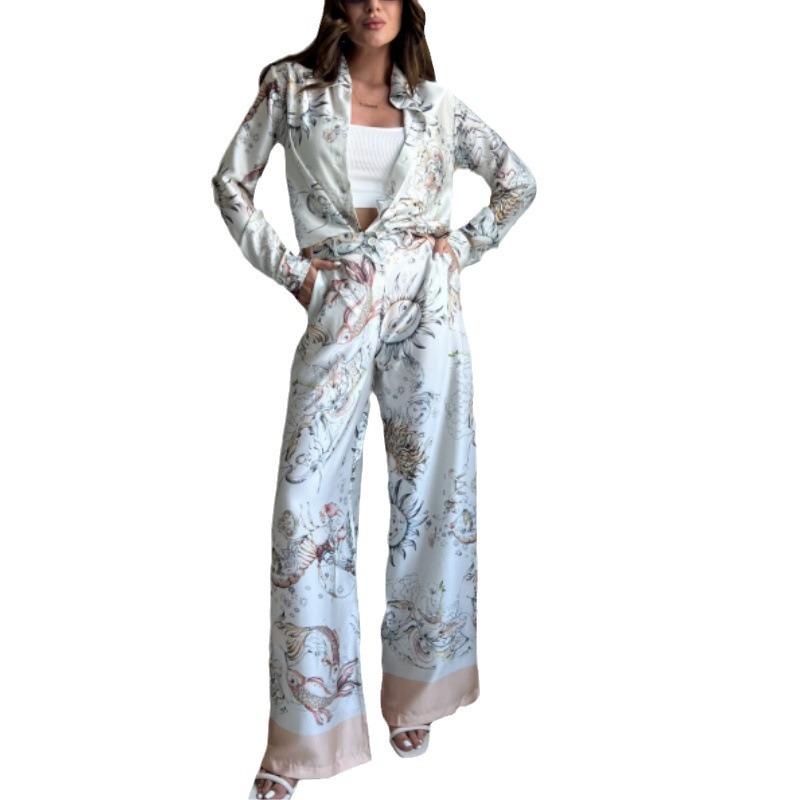 European and American cross-border women's suit 2024 new spring and summer fashion positioning printed long-sleeved top wide-leg pants two-piece set