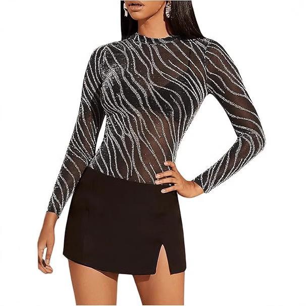 Women S Sheer Shiny Long Sleeve Round Neck Top S чёрный