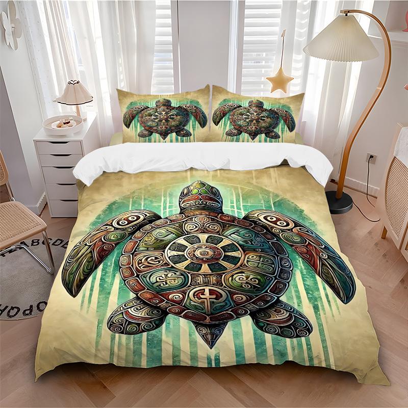 Set Copripiumino con Disegno di Tartarughe 3 Pezzi - Include 1 Copripiumino e 2 Federe, Senza Imbottitura, Arredamento per la Casa Stagione Unica yy251111034