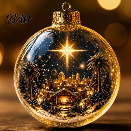 Modern Christmas Tree Hanging Lights Glowing Decorative Ball, Lighted Ornament with Festive Scene, LED Illuminated Holiday Mantel Accents Decor
