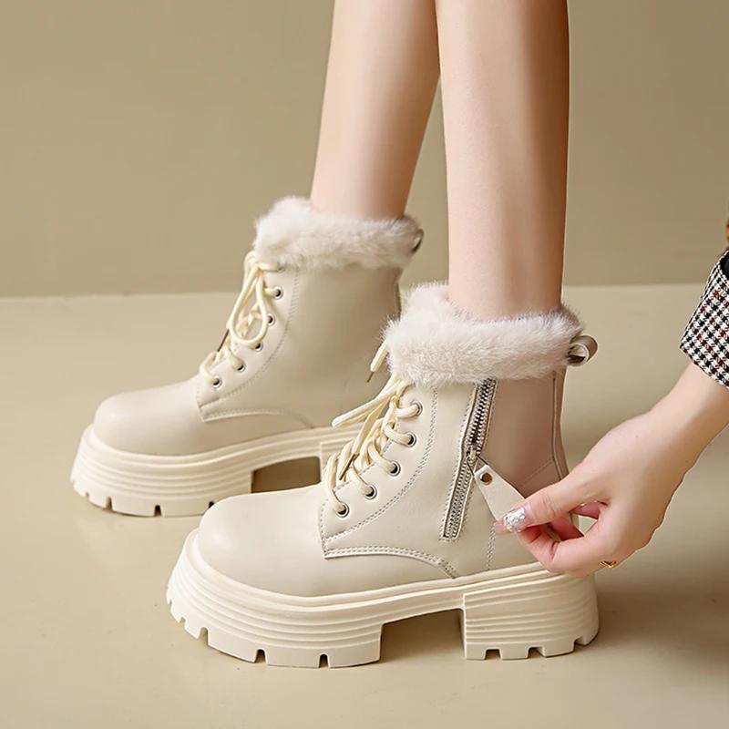 Thick Bottom Motorcycle Winter Boots Women Faux Fur Platform Plush Ankle Boots Woman Outdoor Non-Slip Warm Short Botas Mujer