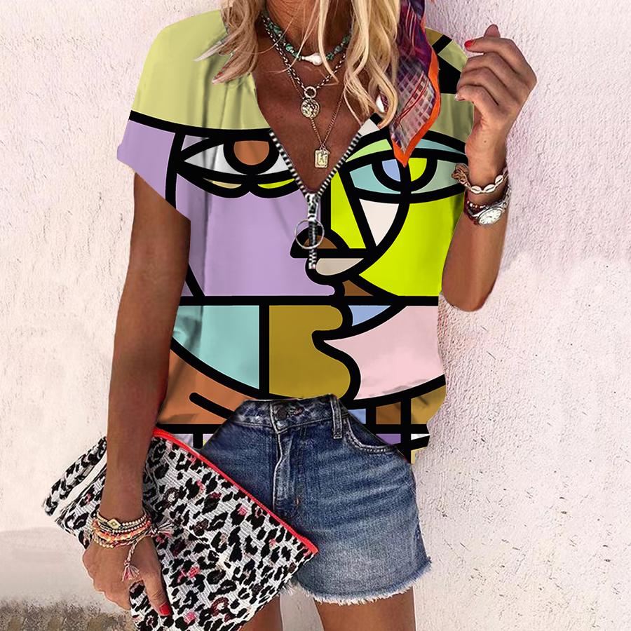 

Женский топ, летняя новая мода, повседневный топ с геометрическим принтом и застежкой-молнией с v-образным вырезом и короткими рукавами 6XL жёлтый