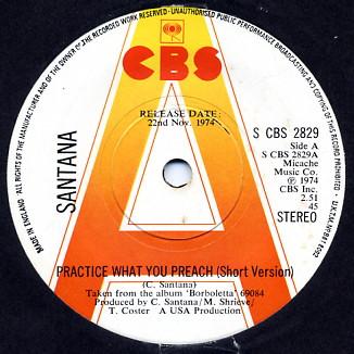 

7inch Record SANTANA - Practice What You Preach SCBS2829PROMO CBS 1974 UK Rock Used