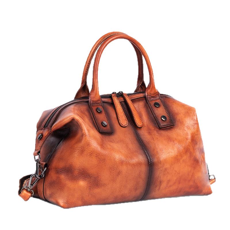2025 European & American Retro Cowhide Women's Handbag - Top Layer, Color-Rubbed, Single Shoulder & Crossbody, Large Capacity