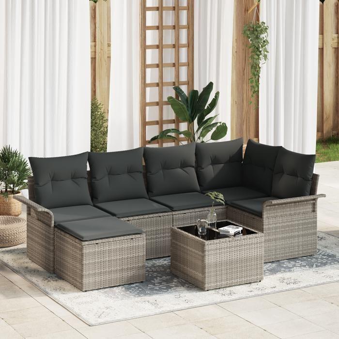 Canapé de jardin 7 pièces avec coussins gris en poly rattan, Canapé de jardin 2 places avec rangement et coussins gris clair 3354111
