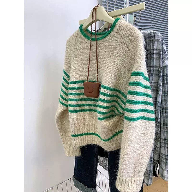 Women's Retro Stripe Knit Sweater - Versatile Loose-Fit Autumn Layer