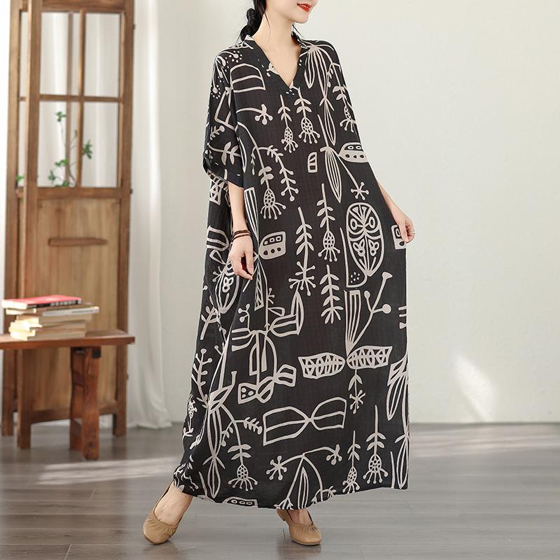 DIMANAF New 2026 Women Plus Size Spring Summer Beach Dress Vintage Floral Print Black Long Dress Loose Oversize Maxi