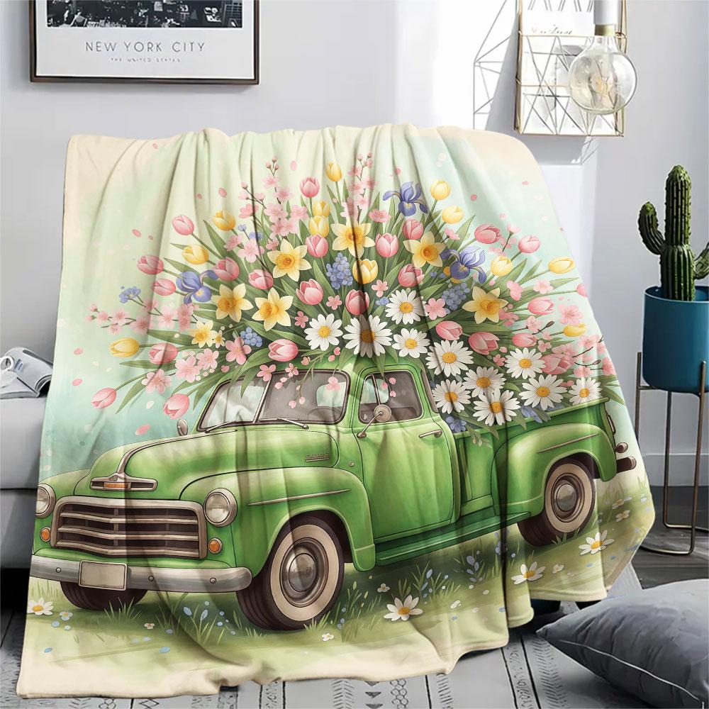 1Pc Seasons truck Print Flannel Blanket, High quality Comfortable for All Seasons, Home Decor, Warmth and Comfort, Perfect for Christmas Gifts