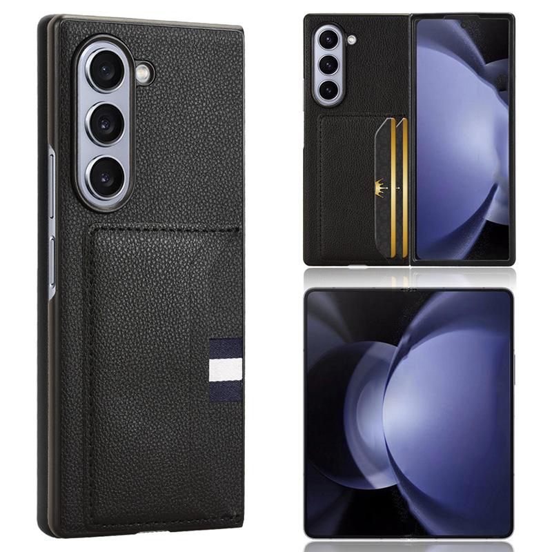 

Чехол для Samsung Galaxy Z Fold6 5G с держателем для карт, кожа личи + ПК, складной чехол для телефона Black