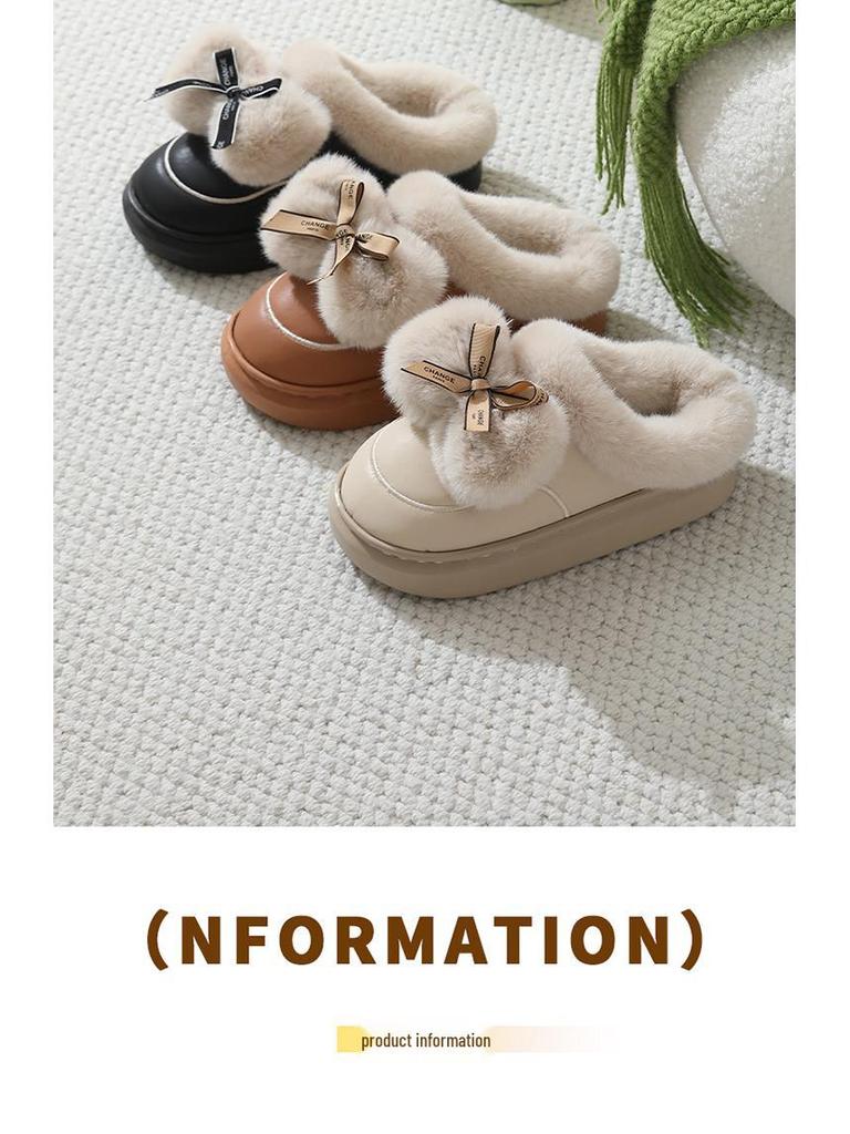 Waterproof Leather Bow Fur Women's Slippers - Thick, Cute, Relaxing Cotton Indoor/Outdoor Shoes