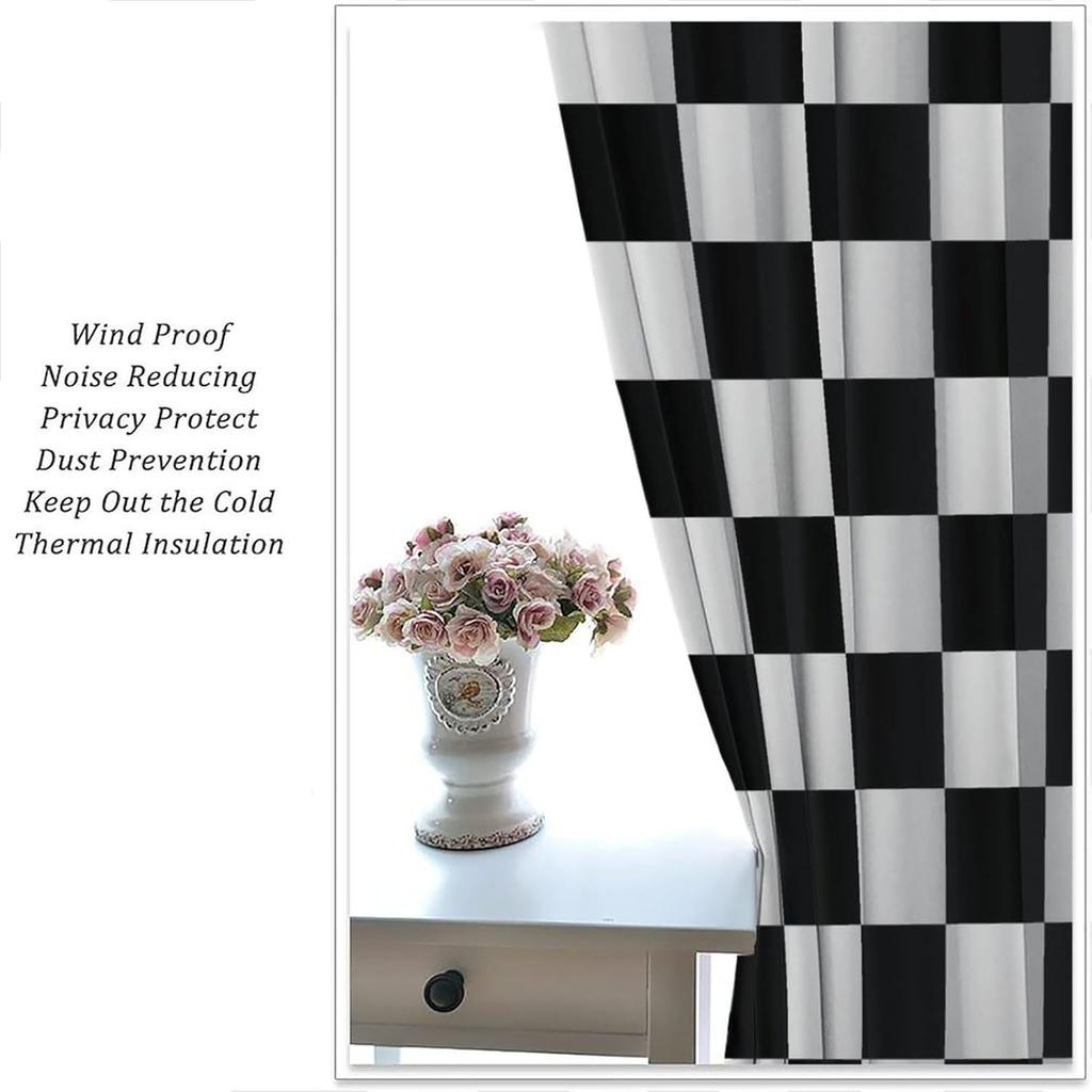 Racing Curtains for Teens Games Room Decor Black White Checkered Flag Art Printed Window Drapes for Kids Bedroom Living Room