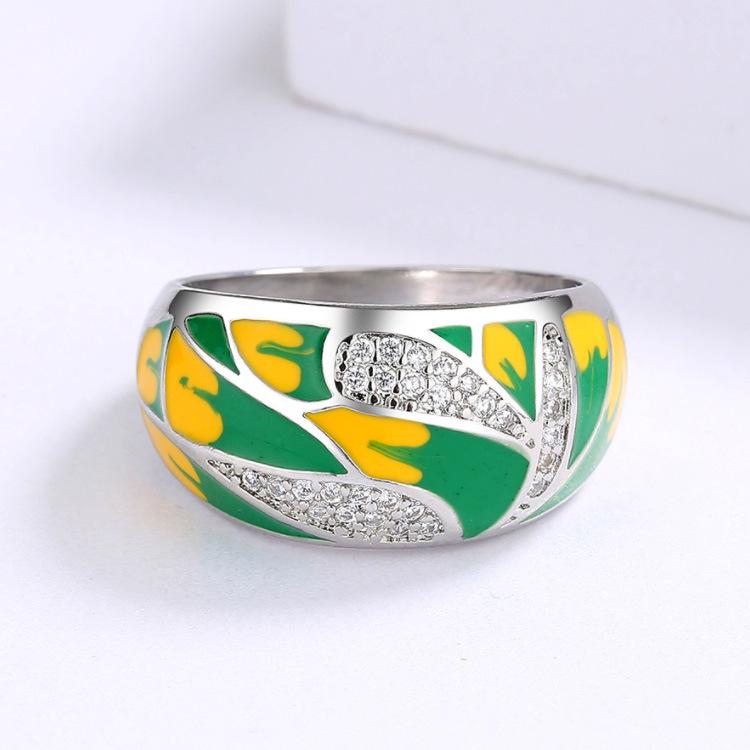 Elegant Green Forest Enamel Zircon Ring - European Pastoral Style Wedding Jewelry