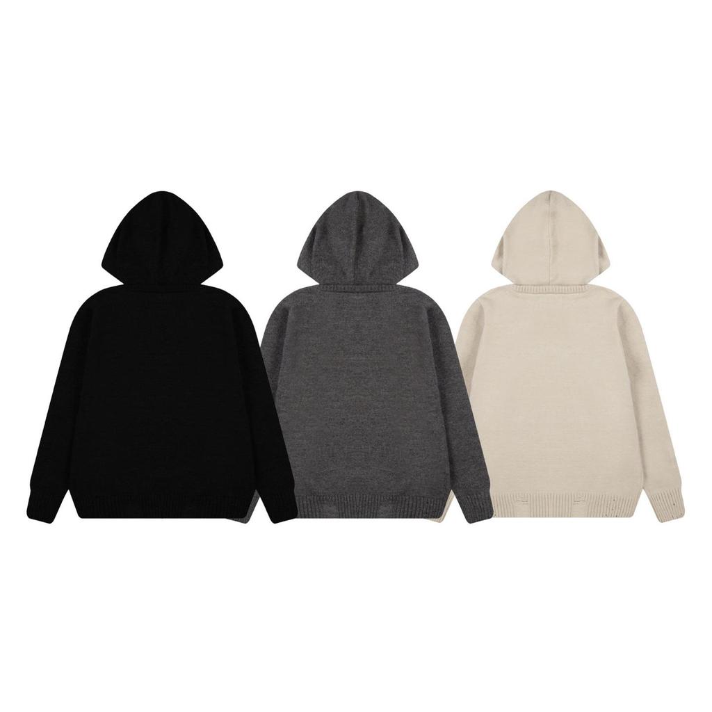 Knit Jacquard Letter Distressed Hem Hooded Sweater - Korean Style Two-Piece Look