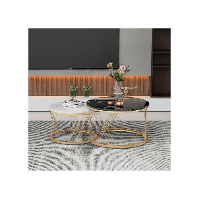 Table basse moderne gigogne, table basse en lot de 2, cadre doré