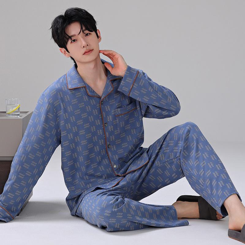 Men's Long-Sleeve Pure Cotton Pajama Set with Lapel - Autumn/Winter Two-Piece Homewear