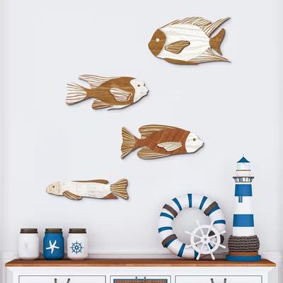 4 Pezzi Decorazioni da Parete in Legno a Forma di Pesce Tema Nautico Costiero Scultura da Parete a Forma di Pesce Vintage Casa sul Lago Ornamenti Oceanici per Camera da Letto Bagno Soggiorno