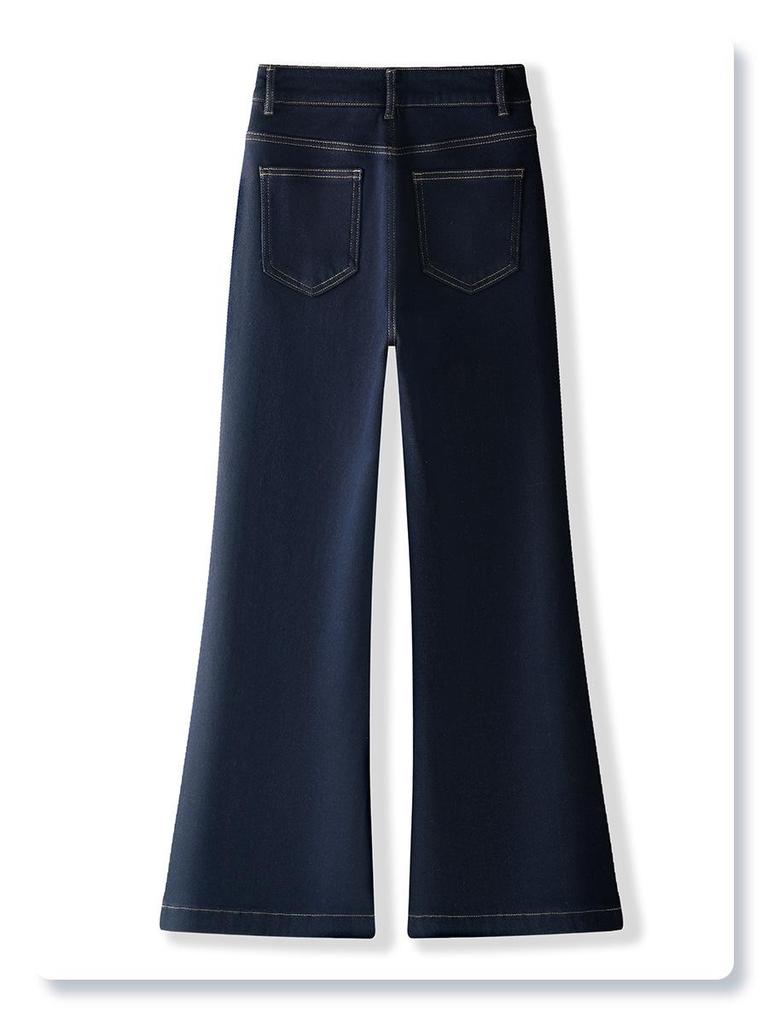 Blue Fleece-Lined High-Waisted Flare Pants for Women, Pear-Shaped Fit, 2024 Autumn/Winter Style