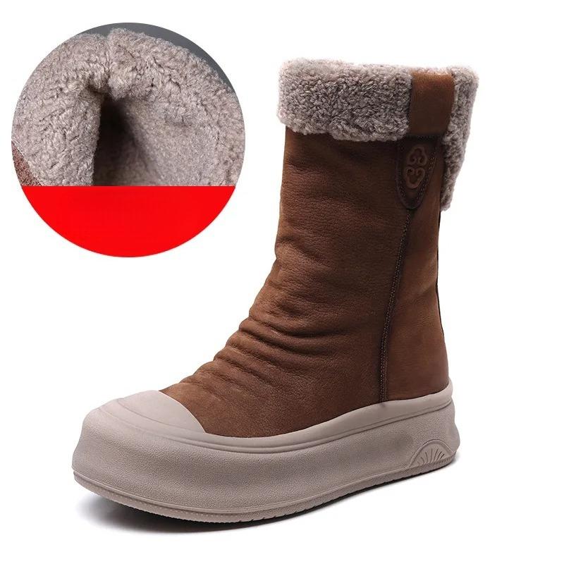 Johnature Genuine Leather Warm Plush Mid-calf Boots Casual Thick Soled Side Zipper Women's Boots