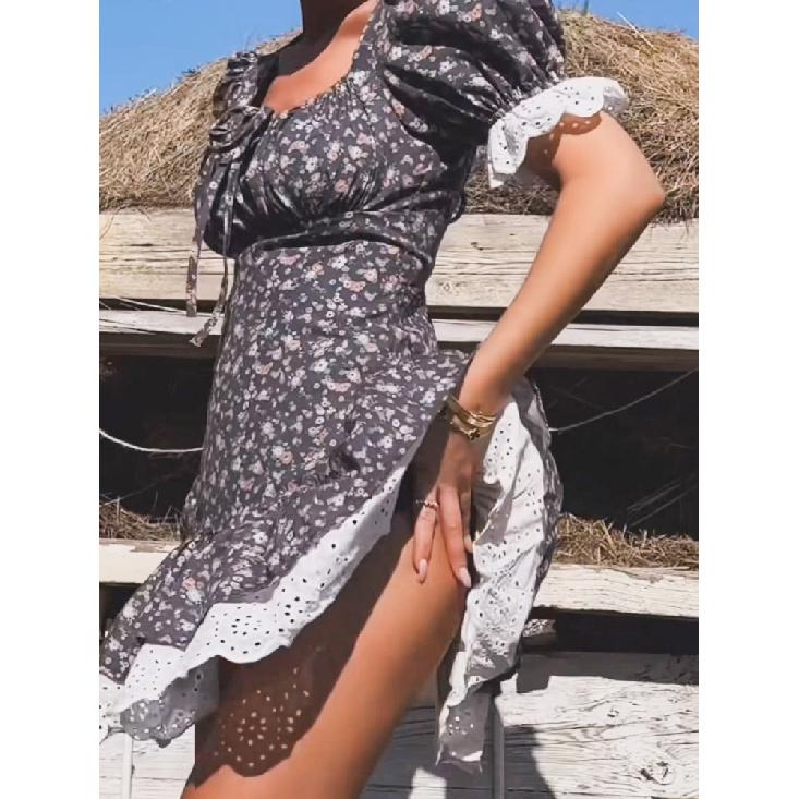 Elegante Vestido Floral de Encaje Francés Primavera Y Verano Mujer Cuello Cuadrado Commute Suave Hogar Viaje Casual Vestido Cintura Alta