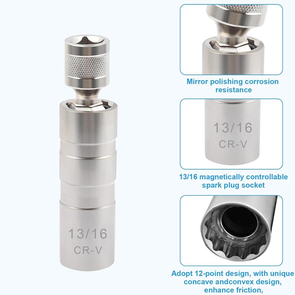 13/16" Spark Plug Socket Set,Thin Walled Magnetic Spark Plug Socket,Car Accessories Universal Joint 3/8" Drive 12 Point Swivel Socket Removal Tool