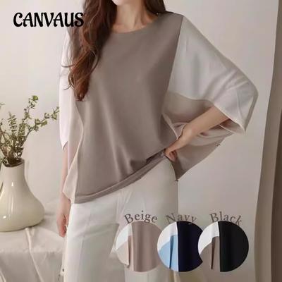 Sommer Damen Loose Plus Size Kurzarm Oberteil Rundhals Farbblock Fledermausärmel T-Shirt