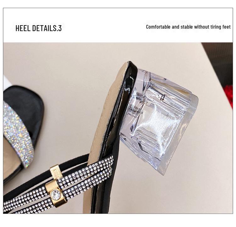 Sandale cu toc mediu și strasuri pentru femei, stil coreean - Papuci de modă Fairy 2024