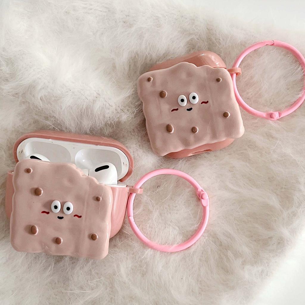 Ins Pink Biscuit Cartoon 3d Relif Round Keychain Earphone Case For Apple Airpod 2 3 Pro 2nd 1 Wireless Bluetooth Charging Box