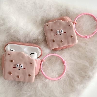 Ins Pink Biscuit Cartoon 3d Relif Round Keychain Earphone Case For Apple Airpod 2 3 Pro 2nd 1 Wireless Bluetooth Charging Box