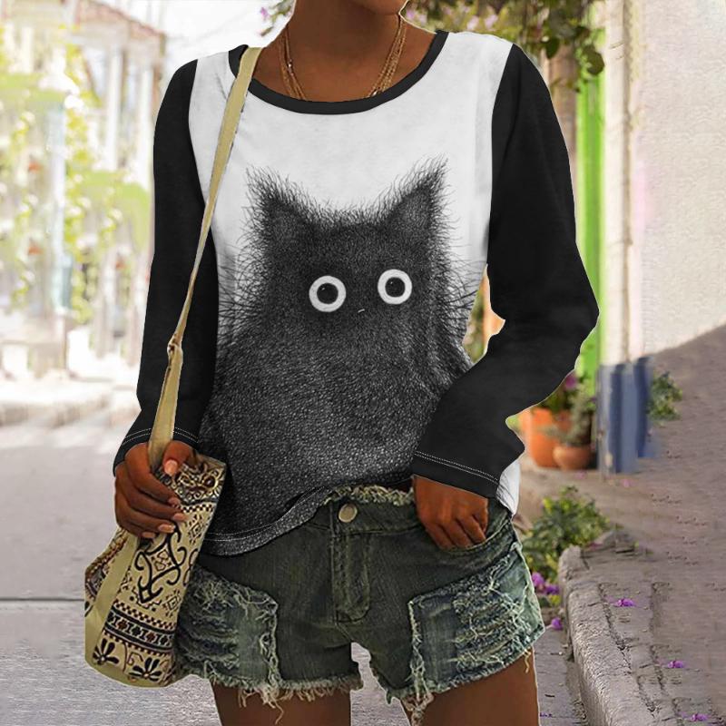 Fashion Teacup Cat Women's Long Sleeve Spring And Autumn Round Neck Clothing Casual Oversize T-Shirts Animals Cat Printed Tops