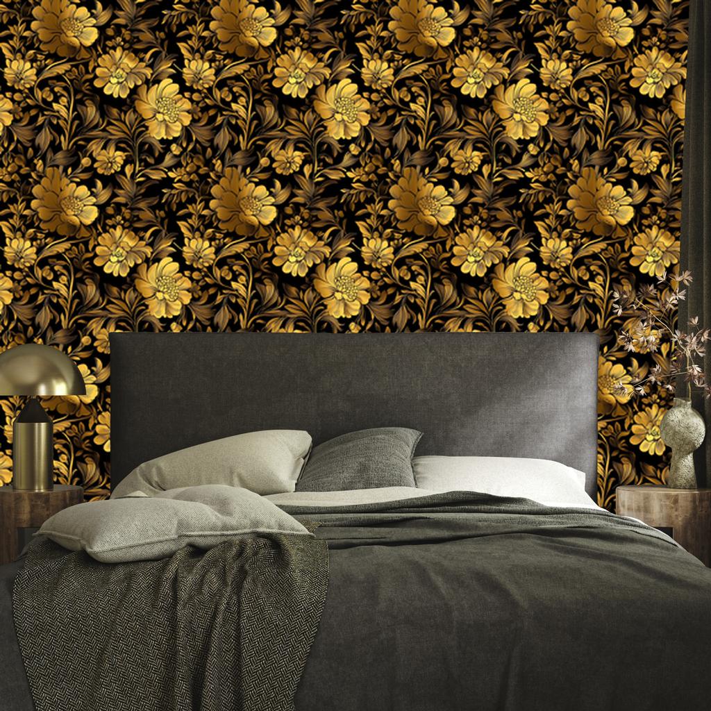 Golden Hibiscus Ochre Wallpaper, Soft Forms for Living Room and Bedroom 50x1000